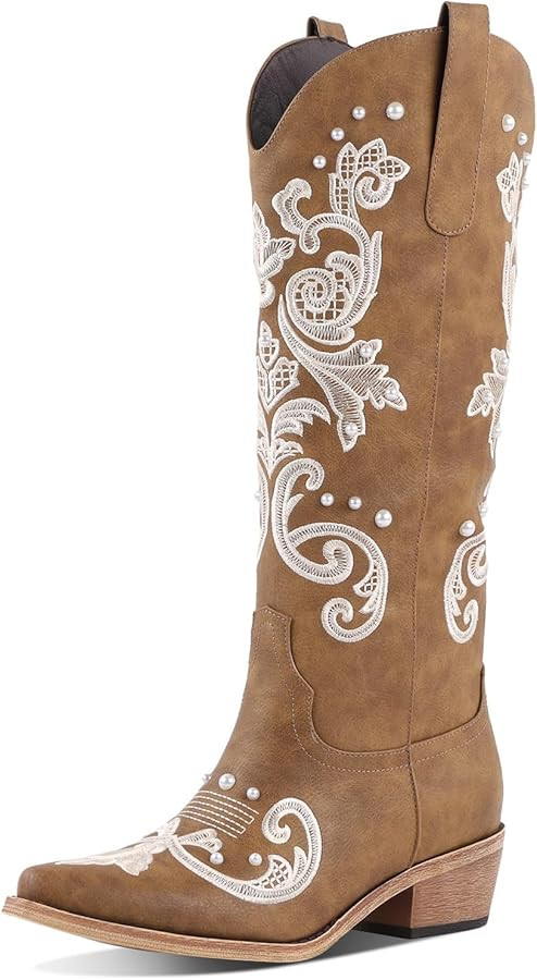 Cowboy Boots with Bow Knee High Embroidered Cowgirl Boots for Women Chunky Heel Pointed Toe Weste... | Amazon (US)