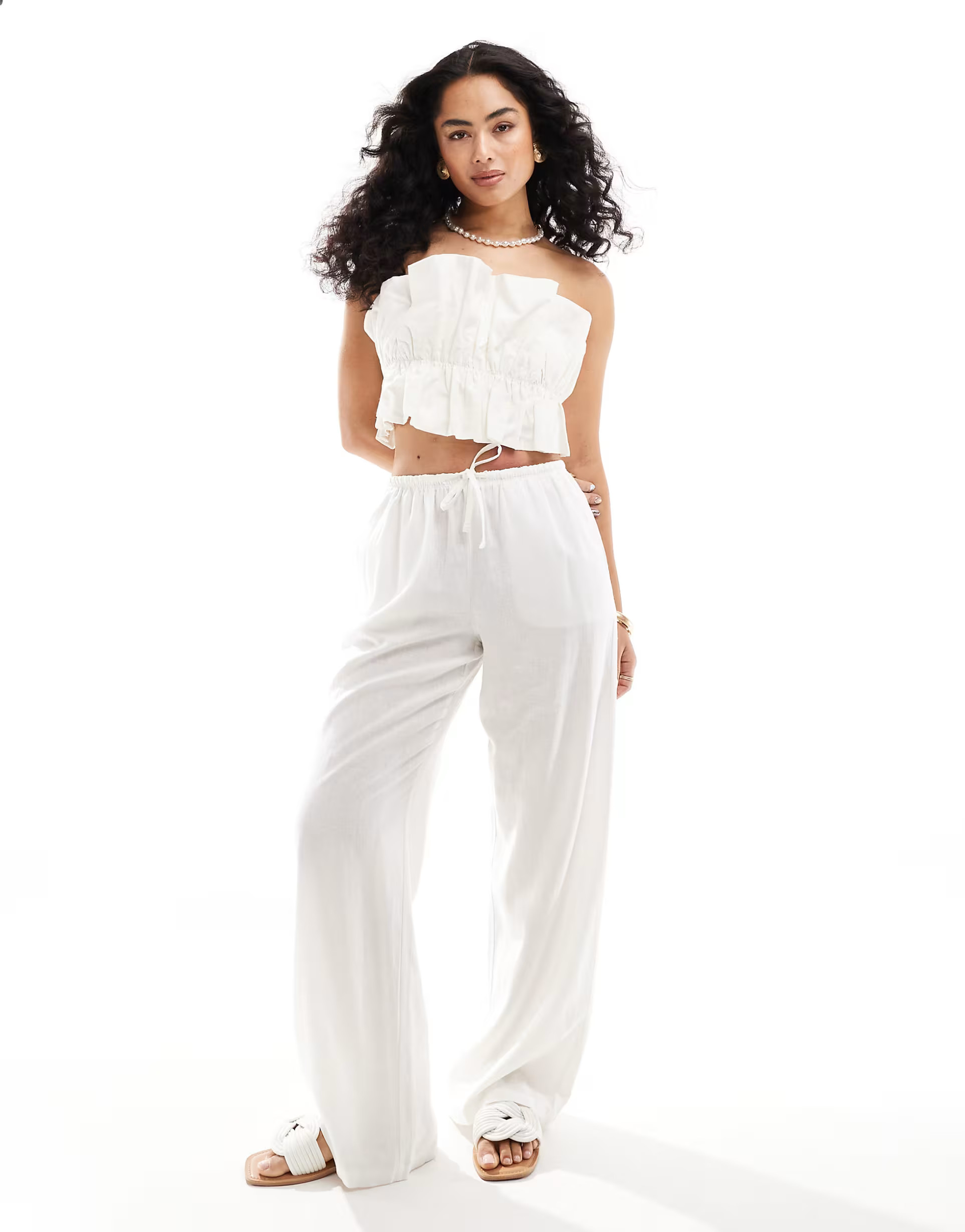 Bershka tie waist wide leg linen trousers in white | ASOS (Global)