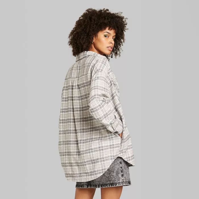 Women's Plaid Long Sleeve Collared Oversized Button-Down Flannel Shirt - Wild Fable™ Black/Gray | Target