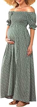 Floral Print Square Neck Puff Sleeve Maternity Dress for Baby Shower Photoshoot, Boho Smocked Spl... | Amazon (US)