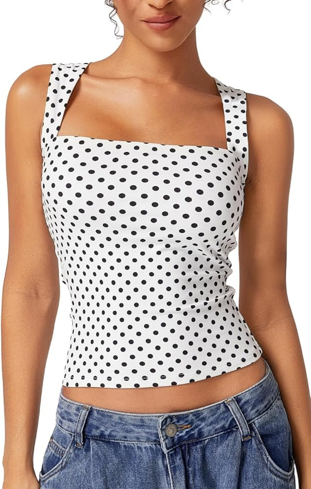 QINSEN Women's Square Neck Sleeveless Double-Layer Tank Tops Basic Tight T Shirts | Amazon (US)