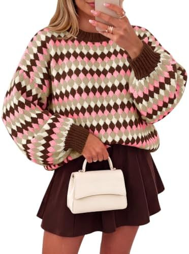 Saodimallsu Womens Color Block Striped Chunky Knit Sweater Crew Neck Tops | Amazon (US)