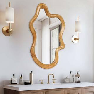 22.24 in W x 33.46 in. H Irregular Shaped Wall Mirror Asymmetrical Wavy Shaped Mirror with Natural Wood Frame | The Home Depot