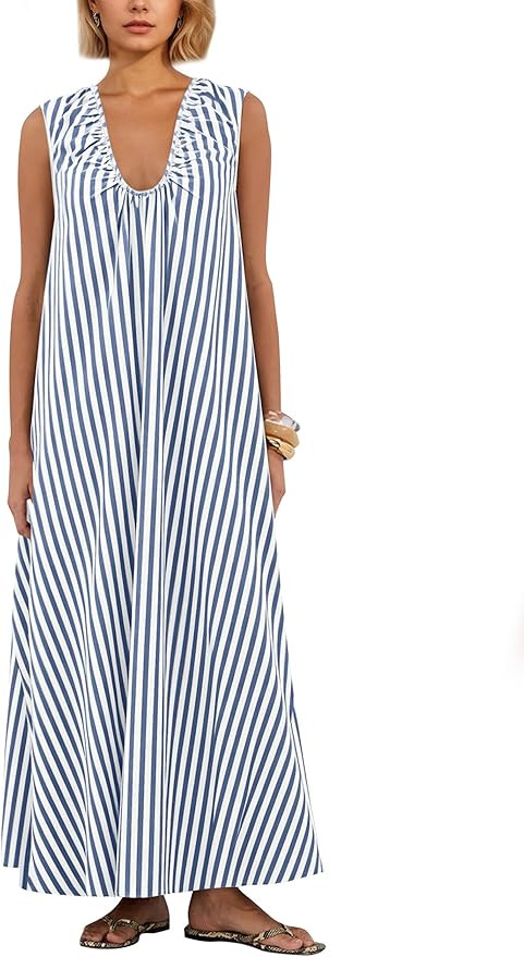 Livtany Women's Scoop Neck Ruched Maxi Dress Flowy Swing Wide Straps Long Dress Casual Sleeveless... | Amazon (US)