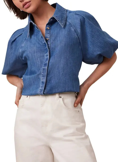 MINT VELVET Denim Puff Sleeve Shirt in Blue at Nordstrom, Size X-Large | Nordstrom