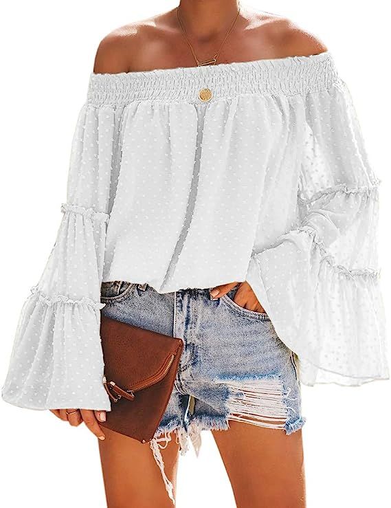 Beautife Womens Summer Off The Shoulder Shirts Casual Chiffon Long Bell Sleeve T Shirt Blouses | Amazon (US)