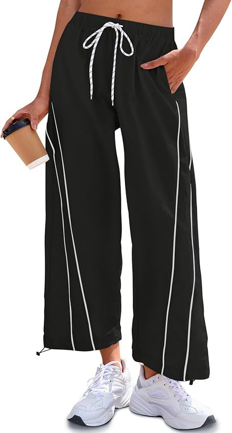 Fisoew Womens Baggy Wide Leg Pants Casual Elastic Waist Drawstring Hiking Workout Cropped Pants w... | Amazon (US)