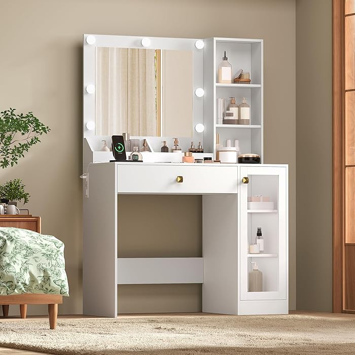 White Vanity Desk with Mirror and Lights, 34" LED Small Vanity Table with Power Outlet & Large St... | Amazon (US)