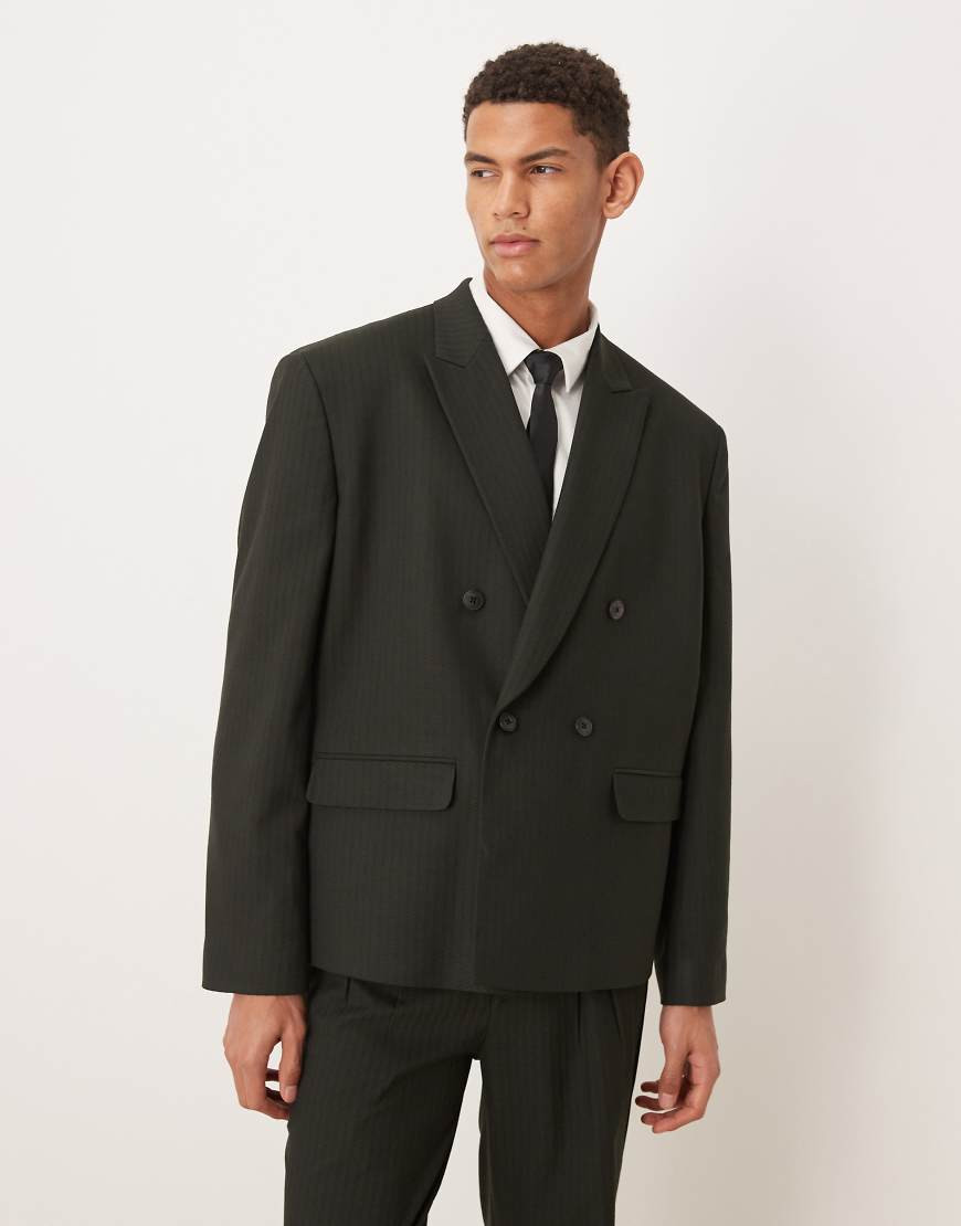 ASOS DESIGN double breasted boxy suit jacket in dark green pinstripe | ASOS (Global)