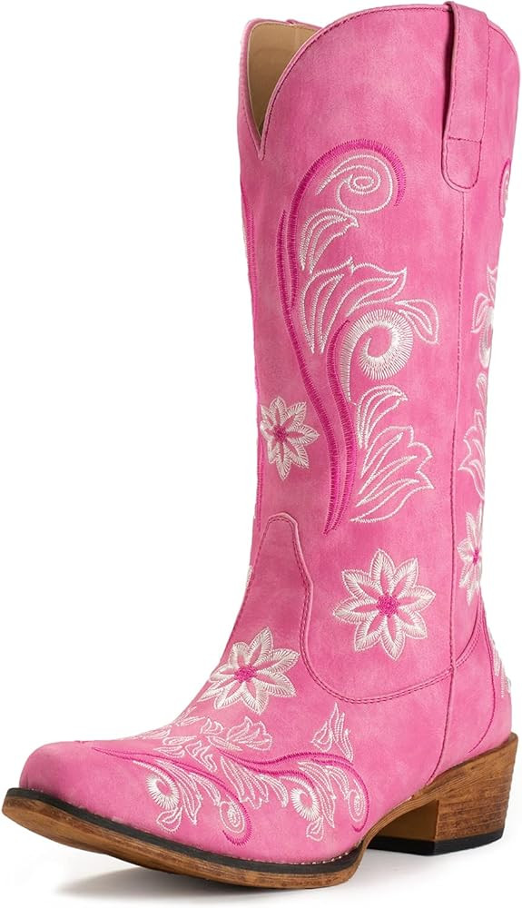 IUV Cowboy Boots For Women Mid Calf Western Boots Cowgirl Pull-On Tabs Pointy Toe Boot | Amazon (US)