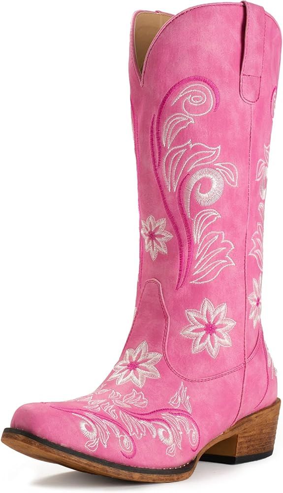 IUV Cowboy Boots For Women Mid Calf Western Boots Cowgirl Pull-On Tabs Pointy Toe Boot | Amazon (US)