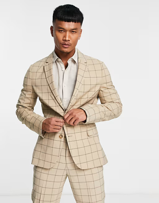 ASOS DESIGN skinny suit in stone window check | ASOS (Global)