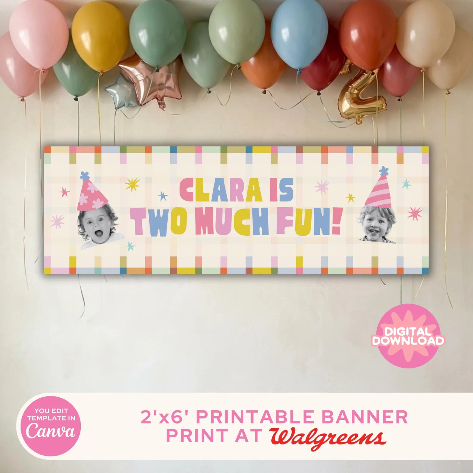 TWO Much Fun - 2x6 Printable Banner (digital Download) | Canva Template | Colorful, Second Birthd... | Etsy (Global)