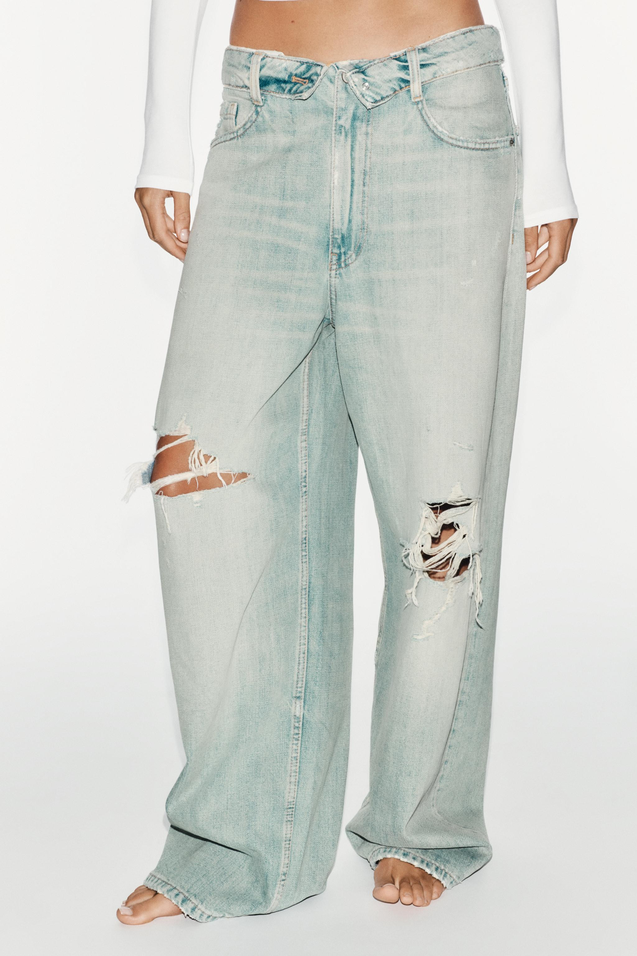 TRF MID-WAIST FOLDED WAISTBAND RIPPED JEANS | Zara UK