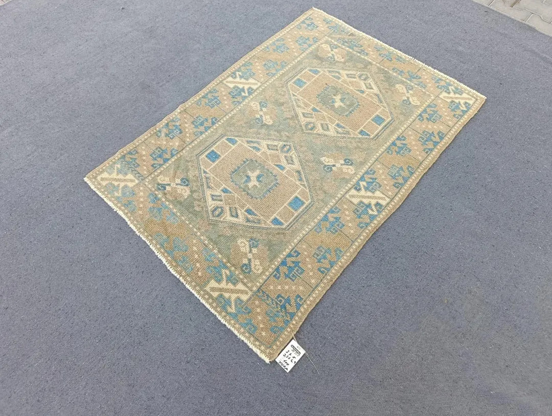 Oushak Rug 3x5: Vintage Turkish Rug, Blue Brown, Handmade | Etsy (Global)