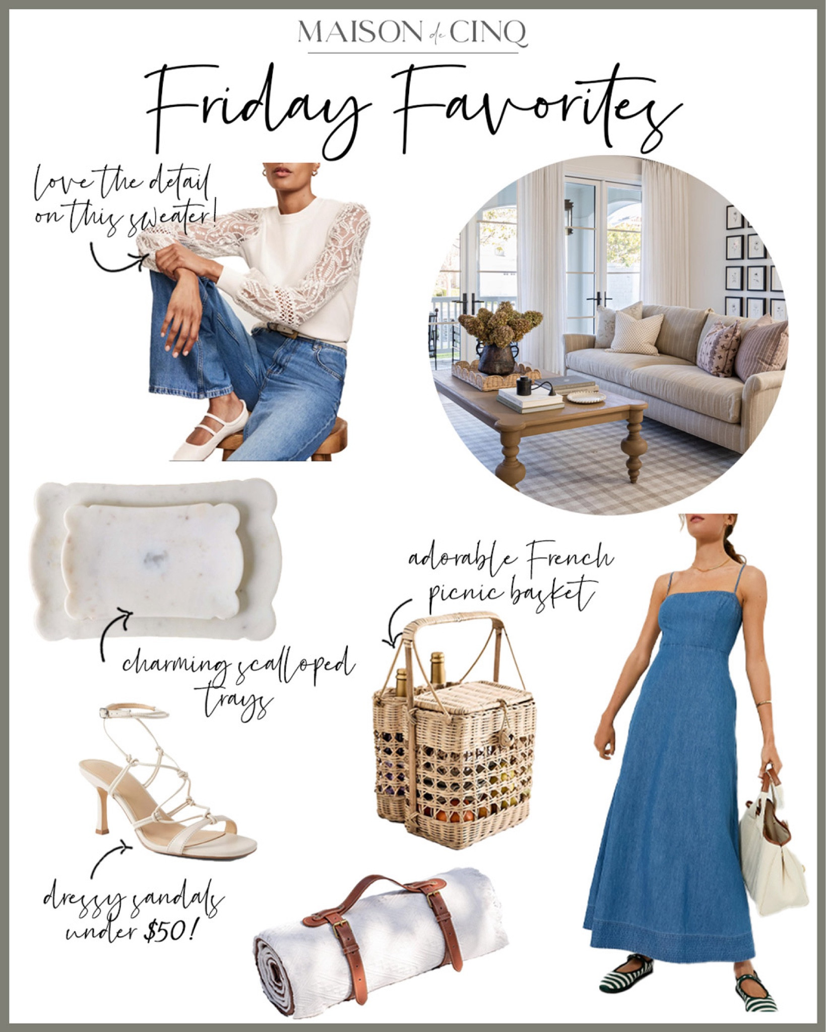So many good finds for Friday Favorites this week like pretty blouses for now thru fall, heels for under $50, picnic essentials, PB finds on sale, light weight jackets, and more!

Home decor, summer decor, tray, marble tray, candleholders, bowl, sandals, summer dress, top, sweater, summer jacket 

#LTKFindsUnder50 #LTKHome #LTKOver40