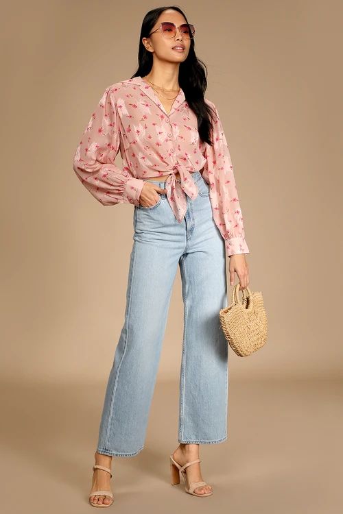Bloom of One's Own Blush Floral Print Button-Up Tie-Front Top | Lulus (US)