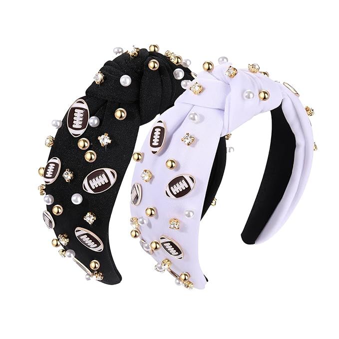 utosday Football Headband for Women Pearl Rhinestone Jeweled Knotted Headband, 2pcs Fun Sports Ha... | Amazon (US)