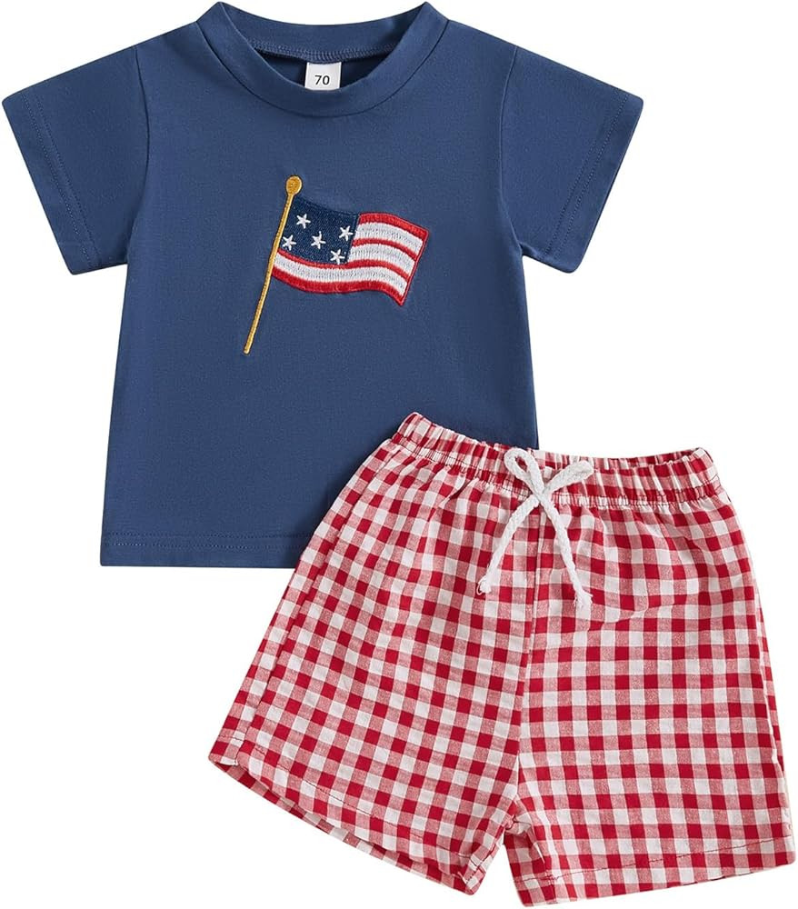 Meiweileya 4th Of July Toddler Baby Boy Outfits Short Sleeve American Flag Tshirt Plaid Shorts Se... | Amazon (US)