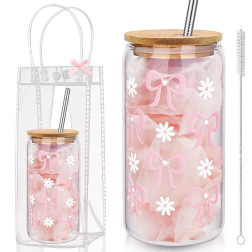 Coquette Bow Aesthetic Cup with Clear Gift Bag, Glass Cups with Lids and Straws, 16 oz Iced Coffee Smoothie, Beer Glass Cup Tumbler Trendy Glass Cup for Girls Bestfriend Sister Girlfriend (Pink Bow) | Amazon (US)
