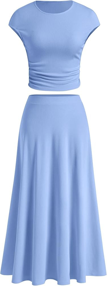 BTFBM Women Two Piece Skirt Set Casual Ribbed Knit Crew Neck Short Sleeve Cropped Top Elastic Wai... | Amazon (US)