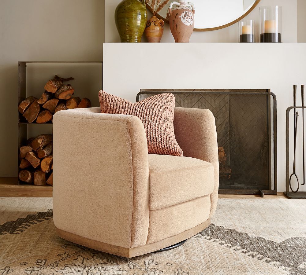 Danton Upholstered Swivel Armchair with Wood Base | Pottery Barn (US)