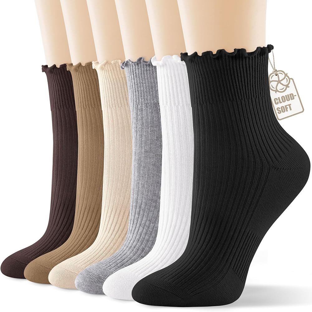 CS CELERSPORT Womens Ruffle Socks, Ankle Cute Cotton Frilly Socks, Soft Breathable Casual Lettuce... | Amazon (US)