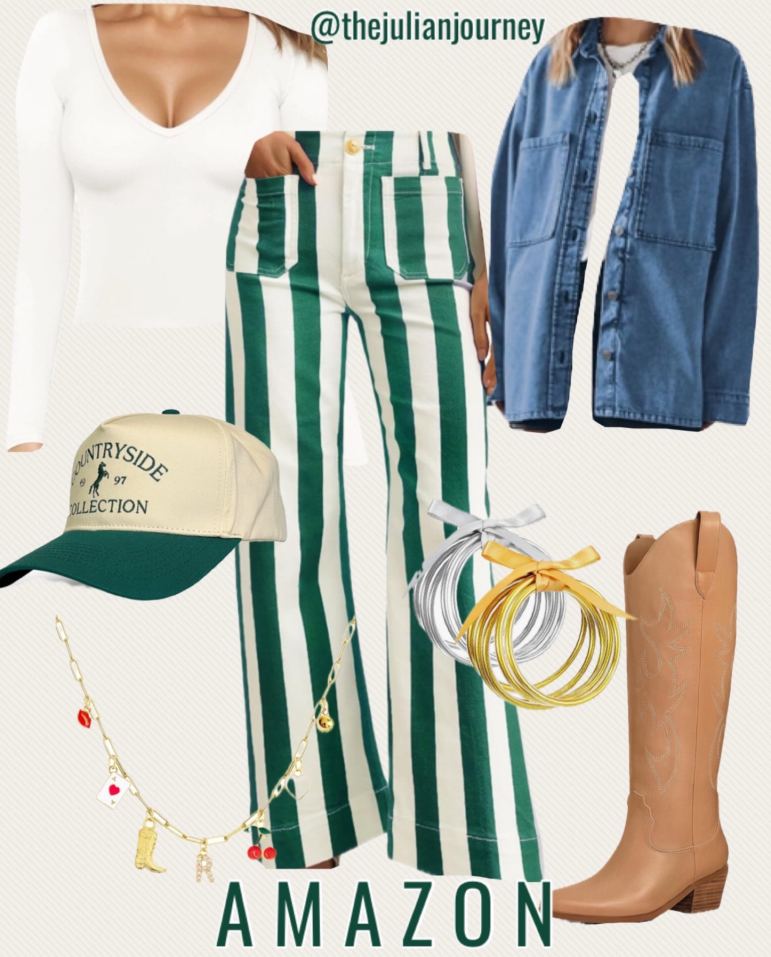 Amazon outfit idea / western chic outfit idea / cowboy boots, striped pants, trucker hat, jelly bracelet 