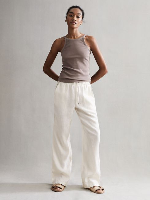 Reiss Stone Cleo Linen Wide Leg Drawstring Trousers | Reiss UK