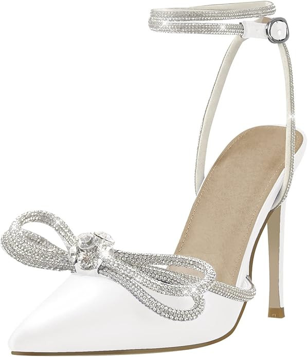 Women's Pointy Toe Satin High Heels Ankle Strap Rhinestone Stilettos Bowknots Wedding Sandals | Amazon (US)