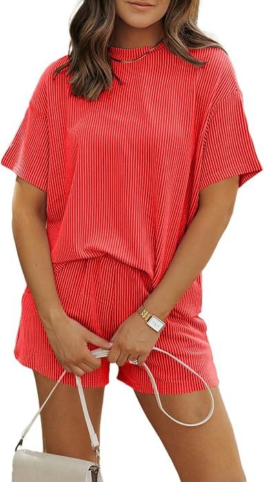 SHEWIN Two Piece Sets for Women Summer Short Sleeve Shirts High Waisted Shorts with Pockets Pajam... | Amazon (US)