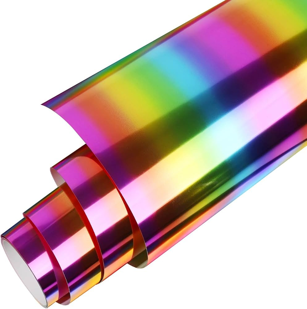 Metallic Foil HTV Roll Holographic Rainbow Heat Transfer Vinyl, 12" X 6ft Chrome Iron on Vinyl fo... | Amazon (US)