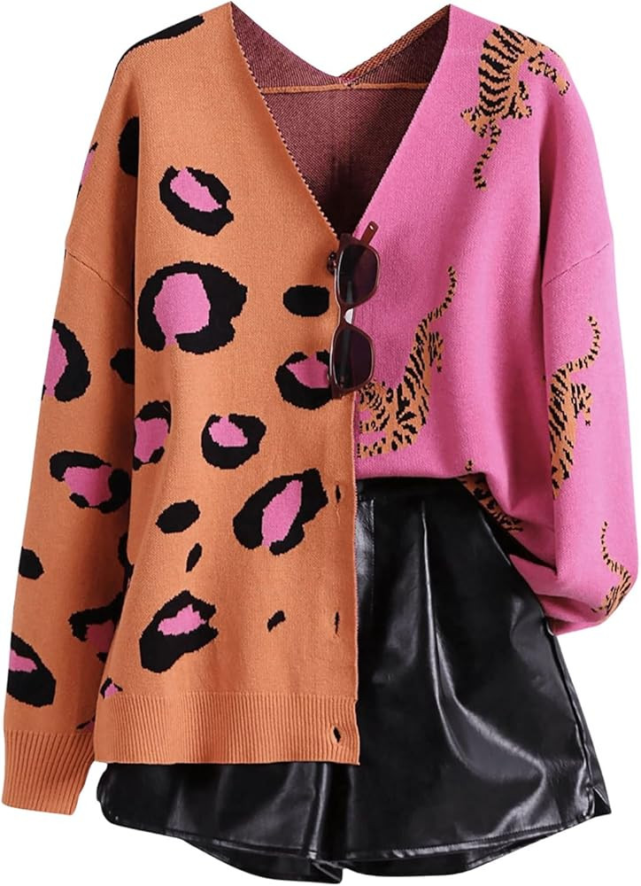 WDIRARA Women's Leopard Tiger Print Cardigan V Neck Long Sleeve Color Block Button Down Sweater O... | Amazon (US)