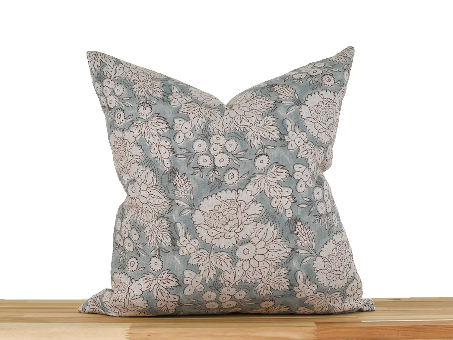 Blue Block Print Floral Pillow Cover, Blue and Brown Floral Pillow, Floral Linen Pillow, Blue Vin... | Etsy (US)