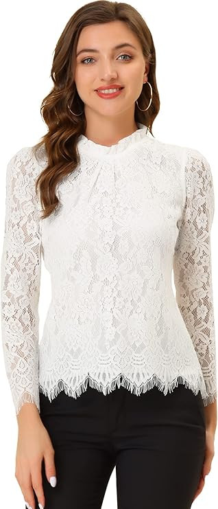 Allegra K Women's Lace Top Long Sleeve Ruffle Neck Floral Blouse | Amazon (US)