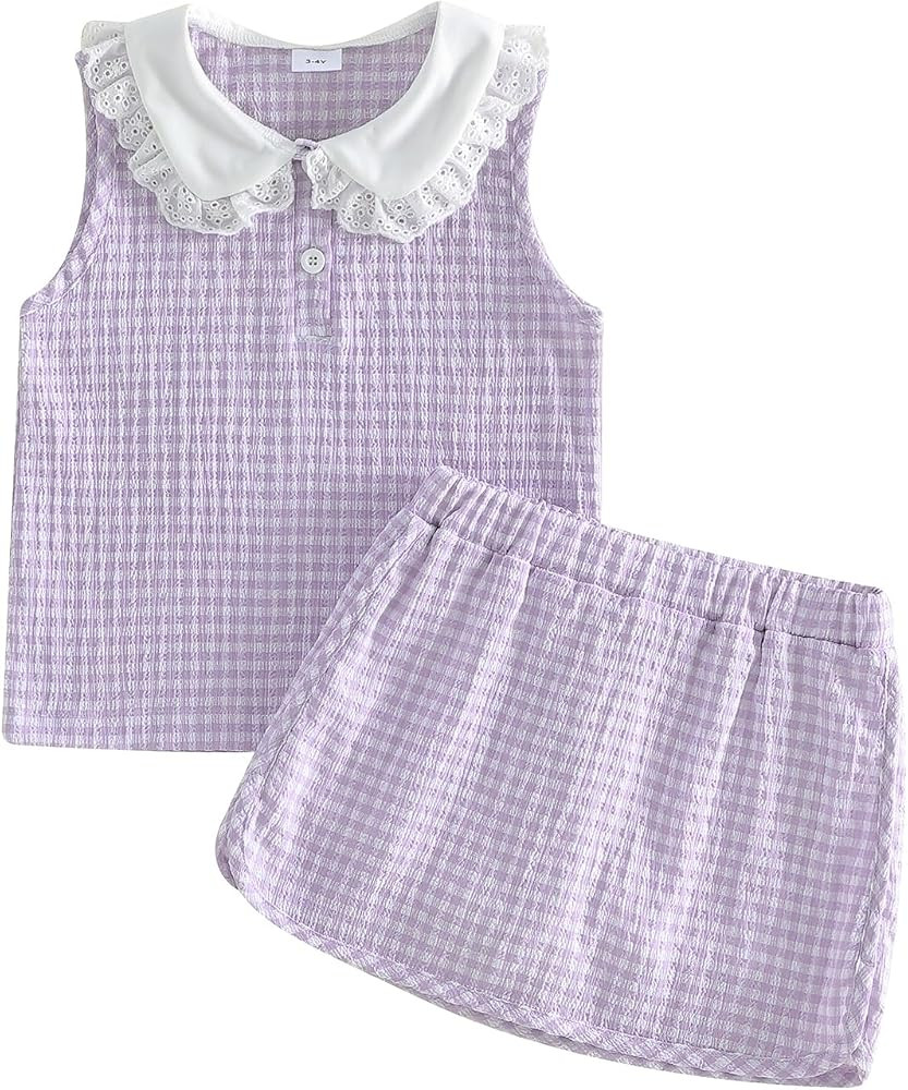 Baby Girls Summer Outfit Peter Pan Collar Sleeveless Plaid Vest Tops and Gingham Skirt Set Toddle... | Amazon (US)