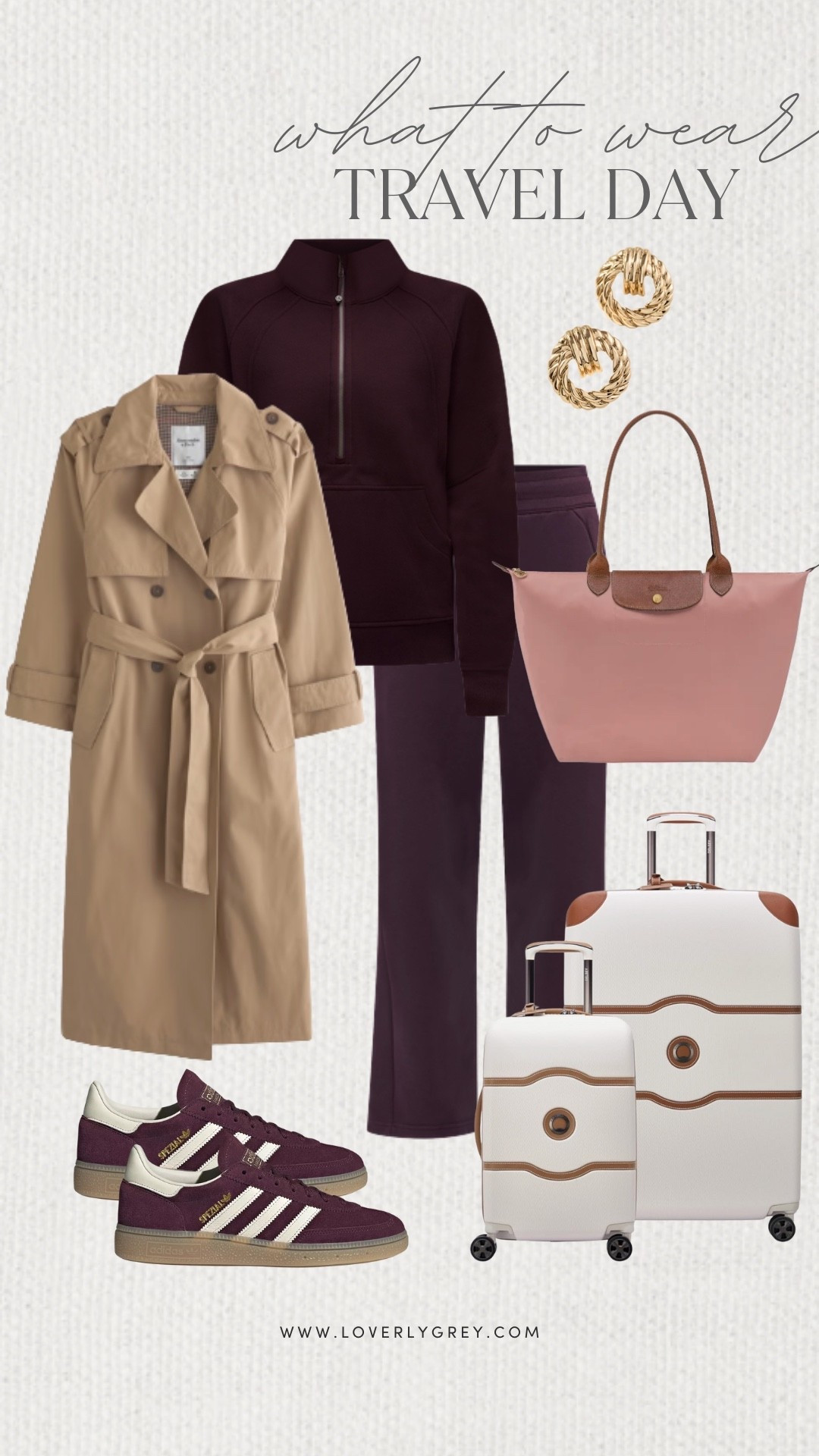 Loverly Grey, what to wear for a travel day! When traveling I want to wear something comfortable yet still polished which is why I love this matching burgundy set! I’d pair it with a long trench, matching adidas sneakers, and a pair of earrings from Anthropologie. Loverly Grey, what to wear, travel day

#LTKStyleTip #LTKShoeCrush #LTKItBag