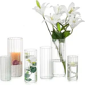 Hewory Glass Cylinder Ribbed Vases Set of 6, Tall Clear Vase for Centerpieces, Hurricane Candle H... | Amazon (US)