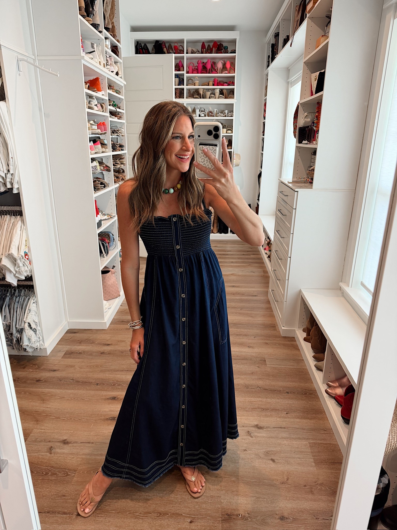 In a small denim dress, necklace, sandals and accessories - fits tts.

#LTKootd #LTKSeasonal #LTKgrwm