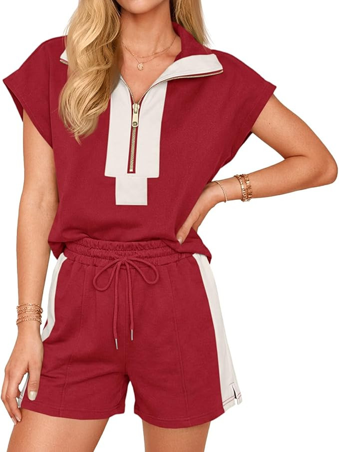 Cicy Bell Womens 2 Piece Outfits Summer Half Zip V Neck Cap Sleeve Tops Matching Sets Color Block... | Amazon (US)