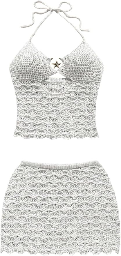 GORGLITTER Women's 2 Piece Summer Vacation Beach Outfits Crochet Backless Halter Crop Top and Bod... | Amazon (US)