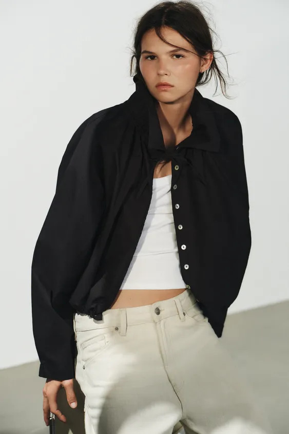 Jacket made from 100% cotton yarn. Featuring an adjustable high collar with tie details and long ... | Zara UK
