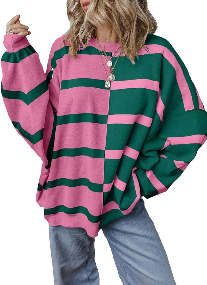 EVALESS Womens Striped Sweater Pullover Crew Neck Long Sleeve Cable Knitted Color Block Casual Lo... | Amazon (US)