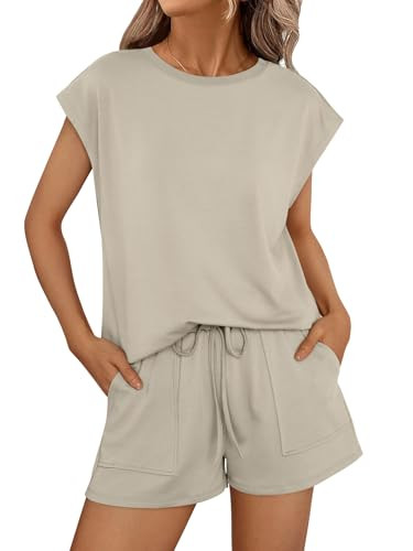 AUTOMET Womens Crew Neck Two Piece short Sets Cap Sleeve Drawstring Summer Sweatsuit with Pocket | Amazon (US)