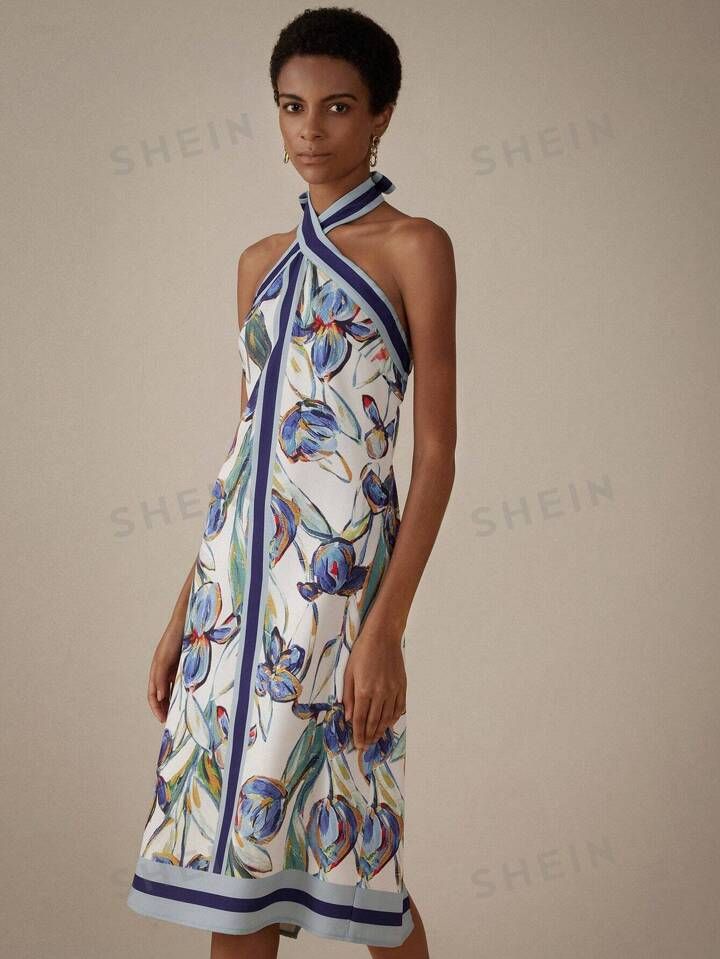 SHEIN Privé Women's Summer Holiday Printed Halter Neck Backless Dress | SHEIN