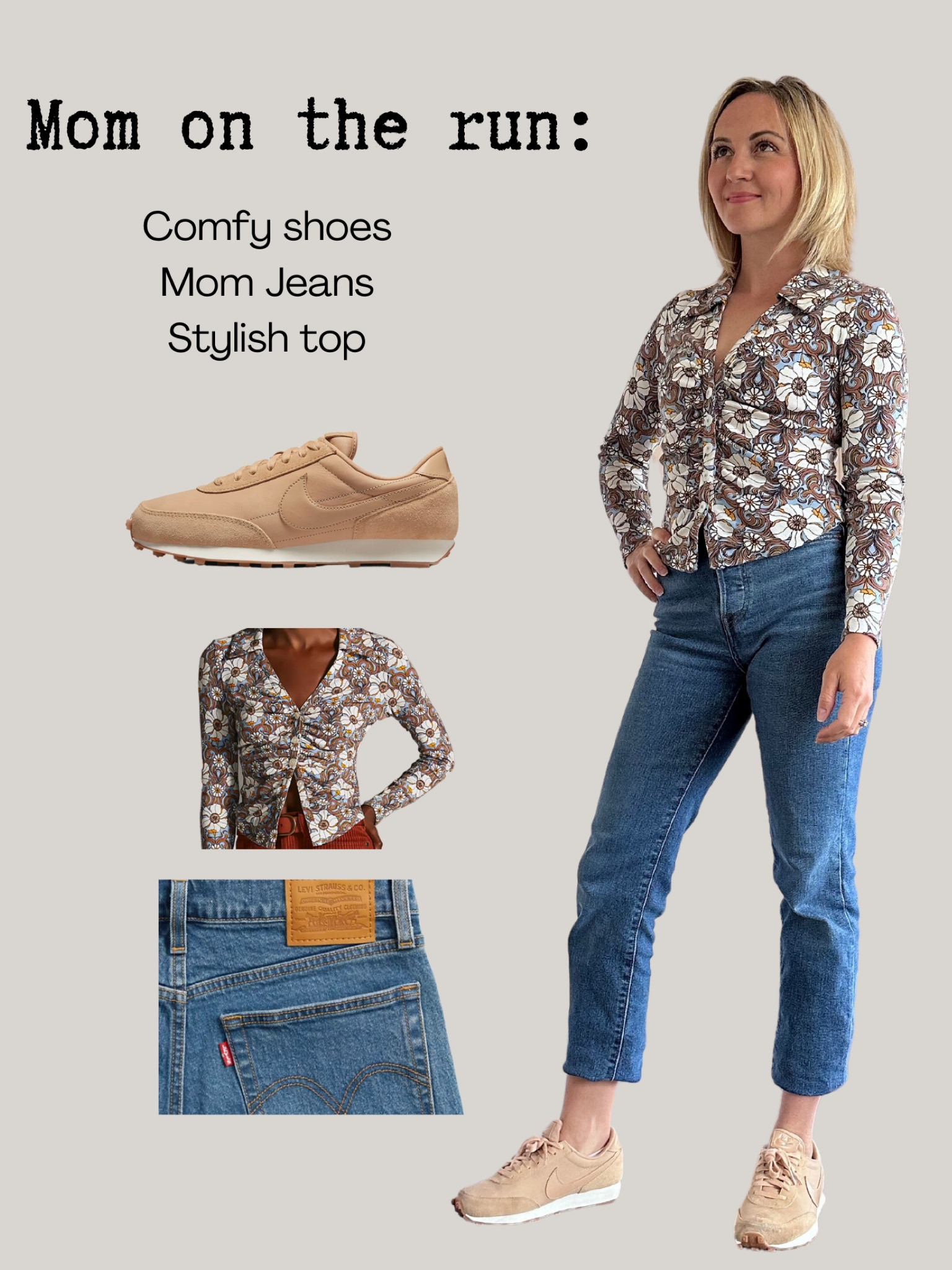Great comfy outfit for the mom on the run.  The comfortable sneakers, mom jeans and printed top are a perfect combo for a busy day 

#LTKunder100 #LTKshoecrush #LTKstyletip