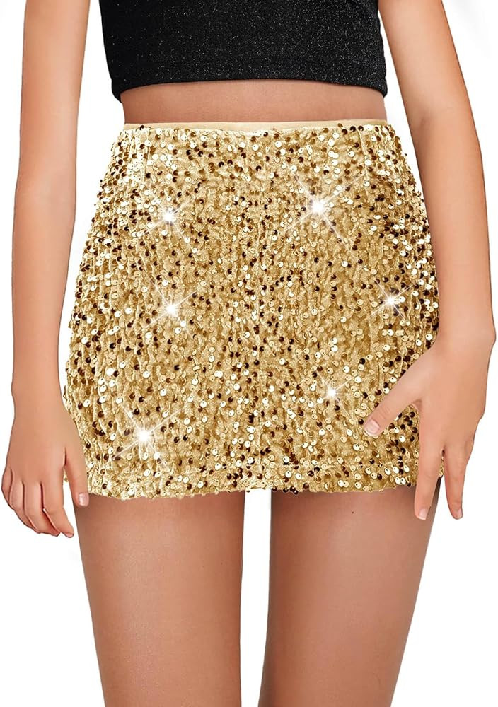 Haloumoning Girls Sequin Skirt High Waisted Mini Skirts Sparkle Glitter Party Skirts 5-14 Years | Amazon (US)