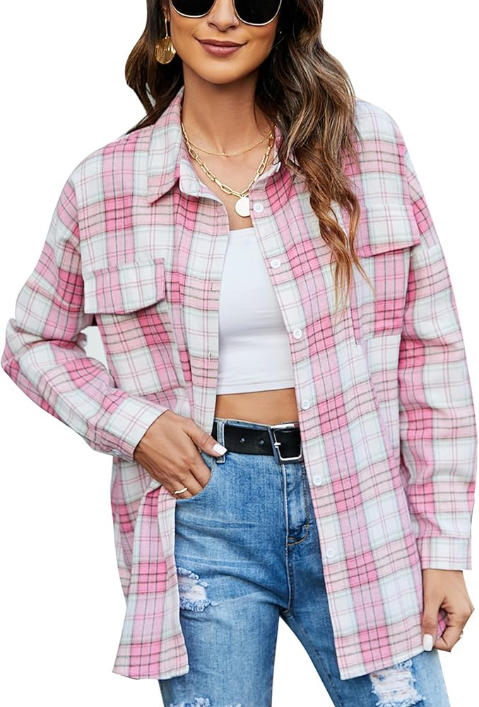 Blooming Jelly Women's Button Down Flannel Shirts Plaid Shacket Long Sleeve Collared Business Cas... | Amazon (US)