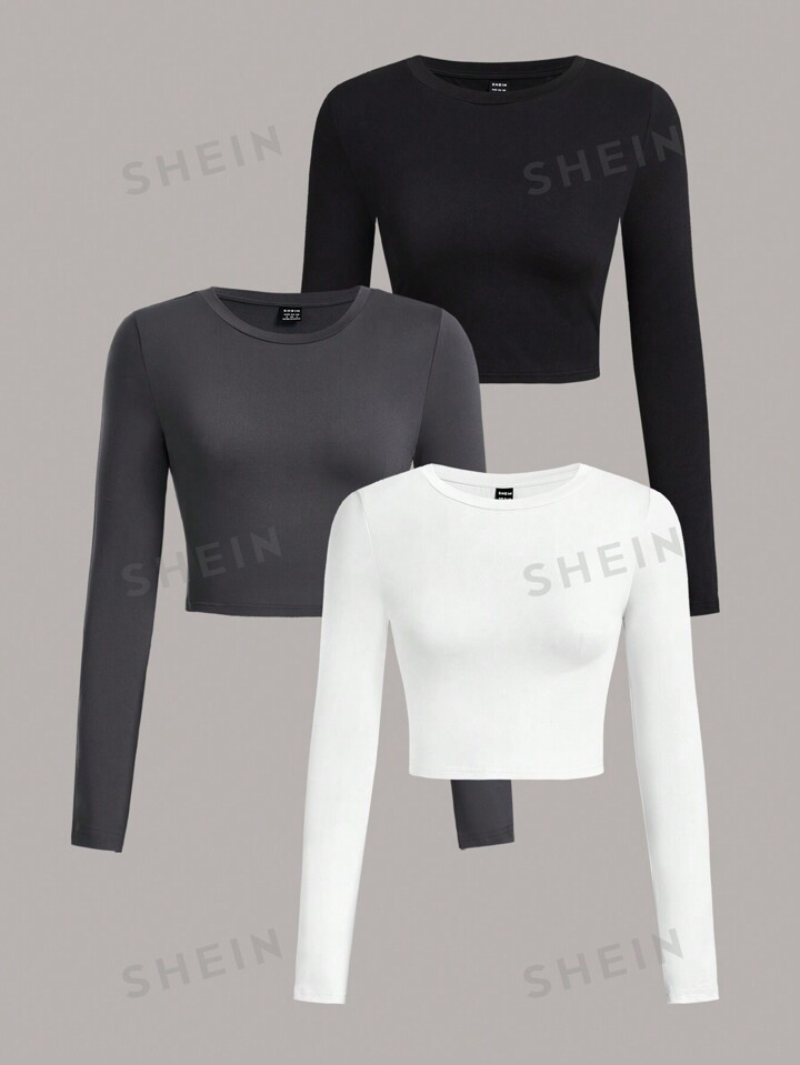 SHEIN EZwear 3 st./set Casual Ronde hals Strak Fit Vrouwen Lange mouwen T-shirts Met Regelmatig S... | SHEIN