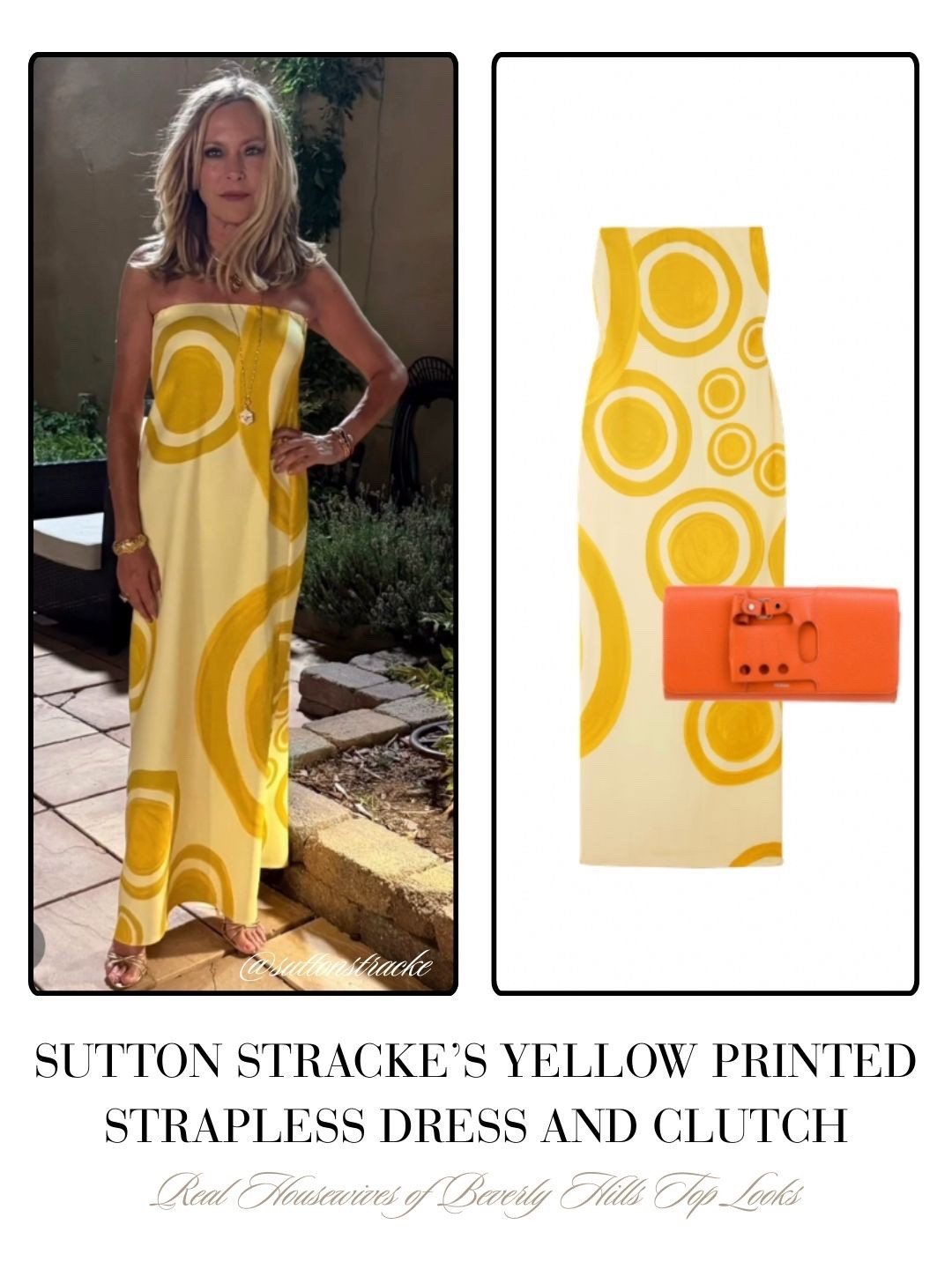Sutton Stracke’s Yellow Printed Strapless Dress and Clutch 📸 = @suttonstracke 